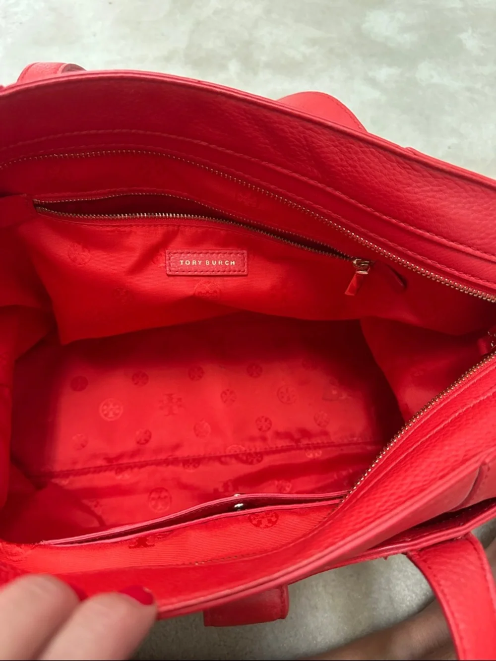 Tory Burch Red Pebbled Leather Tote with Gold Logo